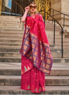 Khadi Silk Deep Pink Weaving Contemporary Saree