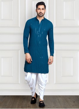 Teal Blue And White Dhoti Style Kurta Pajama