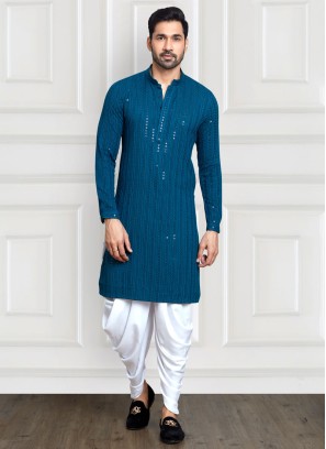 Teal Blue And White Dhoti Style Kurta Pajama