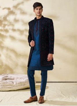 Teal Blue Embroidered Jacket Style Indowestern Set