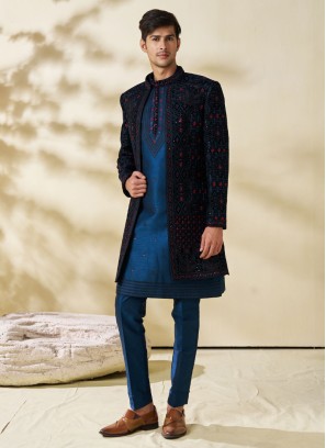 Teal Blue Embroidered Jacket Style Indowestern Set