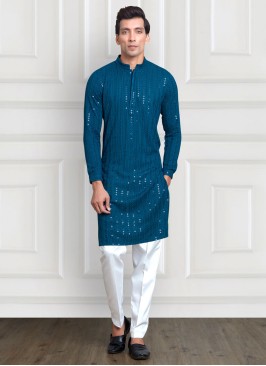 Teal Blue Sequins Embroidered Cotton Silk Kurta Pajama