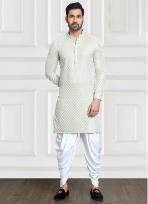 Thread Embroidered Light Pista Green Cotton Silk Kurta Pajama