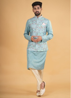 Thread Embroidered  Light Sea Green Nehru Jacket Set