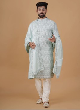 Thread Embroidered Pista Green Kurta Pajama With Dupatta