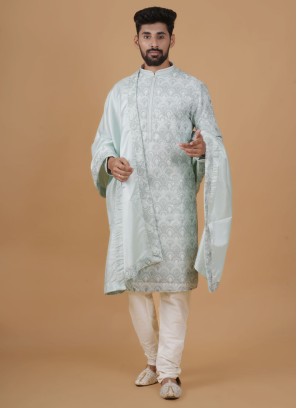 Thread Embroidered Pista Green Kurta Pajama With Dupatta