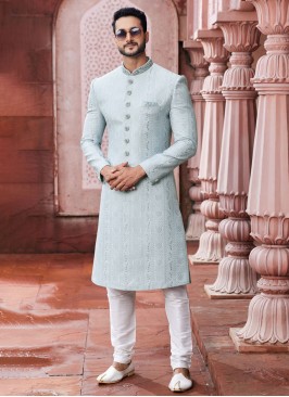 Thread Work Sky Blue Indowestern In Art Silk