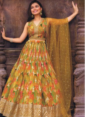 Tissue Fabric Mustard Yellow Designer Lehenga Choli