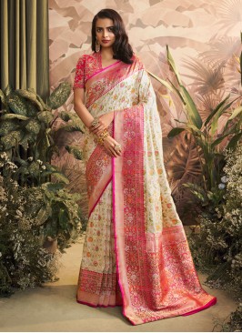 Offwhite & Pink Woven Banarasi Silk Saree