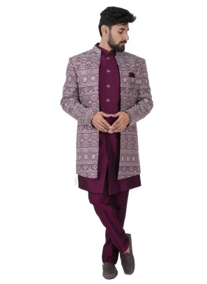 Traditional Wine Color Indowestern In Silk