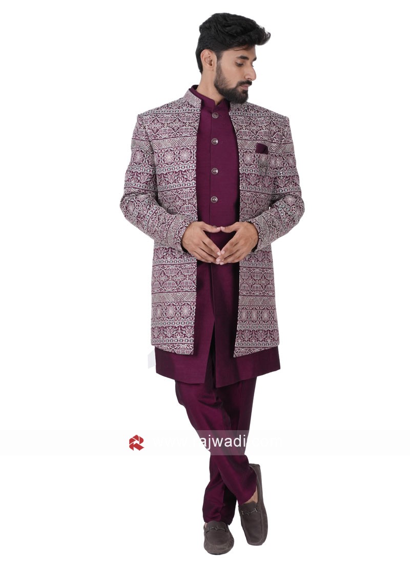 Traditional Wine Color Indowestern In Silk