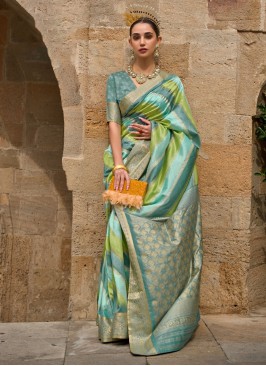 Lovely Multi Color Woven Embroidered Festive Wear Saree