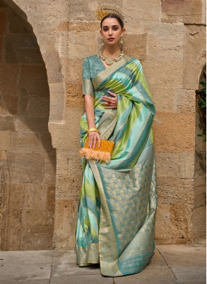 Lovely Multi Color Woven Embroidered Festive Wear Saree