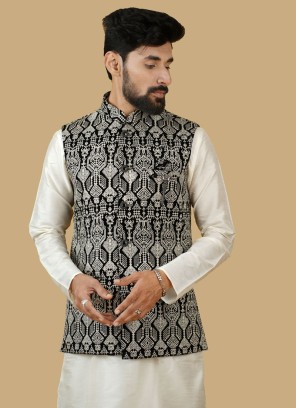 Velvet Black Thread Work Nehru Jacket