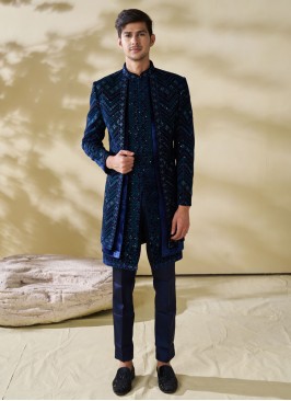 Velvet Blue Embroidered Jacket Style Indowestern Set