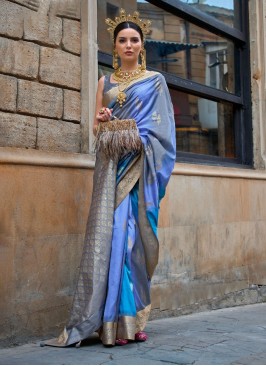 Stunning Blue Designer Woven Embroidered Saree