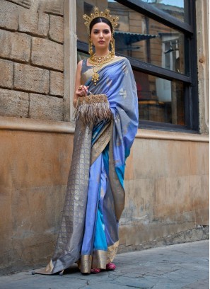 Stunning Blue Designer Woven Embroidered Saree