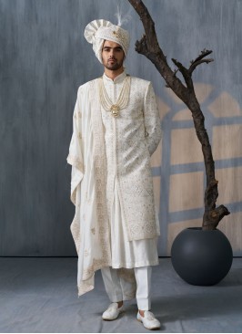 Wedding Wear Anarkali Style White Silk Sherwani Set