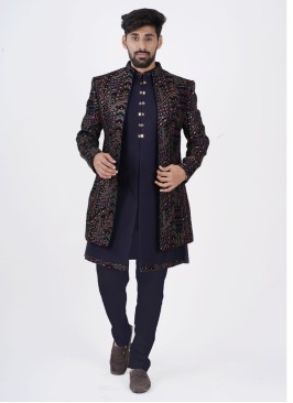 Wedding Wear Blue Jacket Style Indowestern In Velvet