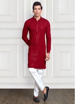 Wedding Wear Cotton Silk Kurta Pajama In Red