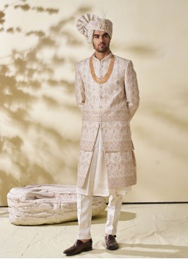 Wedding Wear Cream Embroidered Sherwani For Men