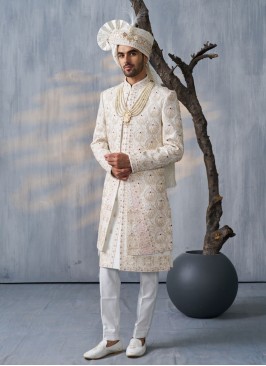 Wedding Wear Embroidered Silk Sherwani For Men