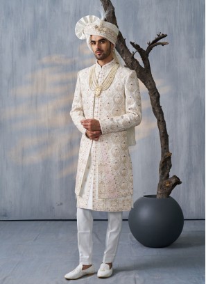 Wedding Wear Embroidered Silk Sherwani For Men