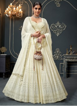 Cream Georgette Sequins Embroidered Lehenga Choli