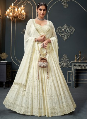 Cream Georgette Sequins Embroidered Lehenga Choli