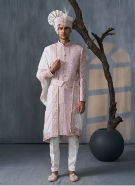 Wedding Wear Groom Embroidered Pink Sherwani With Dupatta