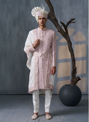 Wedding Wear Groom Embroidered Pink Sherwani With Dupatta