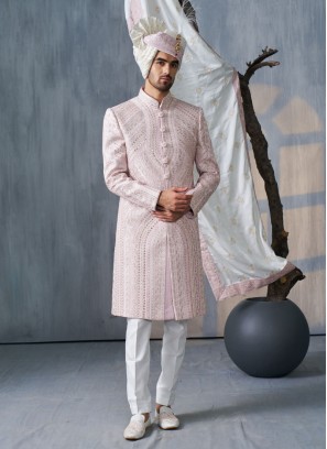 Wedding Wear Light Pink Embroidered Sherwani For Groom