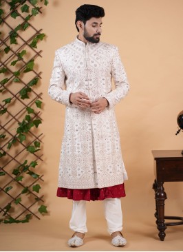 Wedding Wear Off White Embroidered Sherwani Set