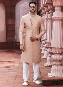 Wedding Wear Peach Indowestern In Art Silk