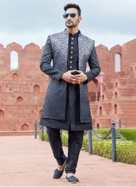 Wedding Wear Shaded Black Jacket Style Indowestern Set