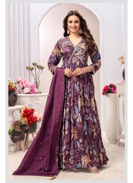 Wedding Wear Silk Purple Floral Anarkali Suit