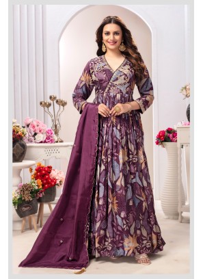 Wedding Wear Silk Purple Floral Anarkali Suit