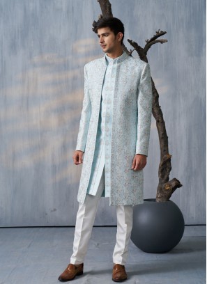 Wedding Wear Sky Blue Embroidered Jacket Style Sherwani For Men