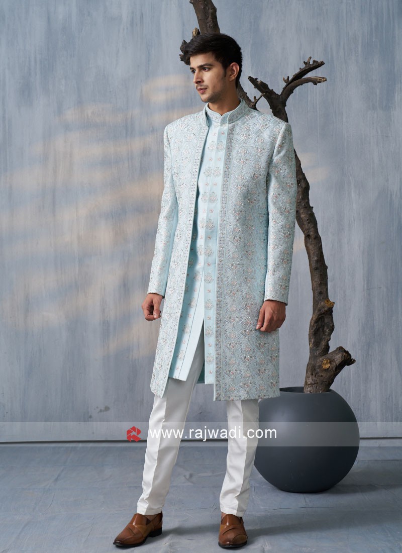 Wedding Wear Sky Blue Embroidered Jacket Style Sherwani For Men