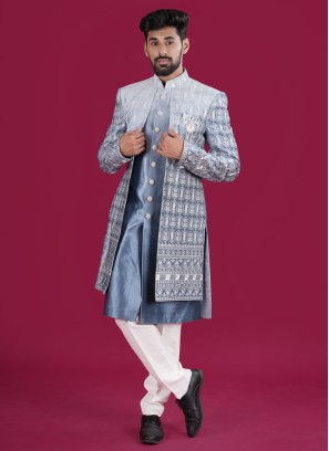 Wedding Wear Sky Blue Jacket Style Indowestern Set