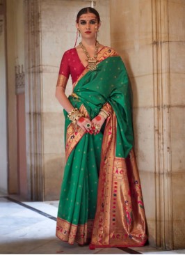 Green Weaving Paithani Silk Classic Saree