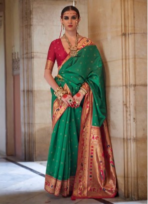 Green Weaving Paithani Silk Classic Saree
