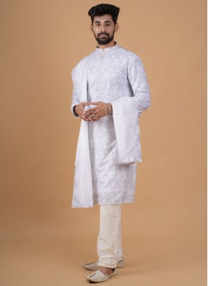 White Color Mens Embroidered Kurta Pajama