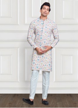 White Cotton Silk Printed Kurta Pajama Set