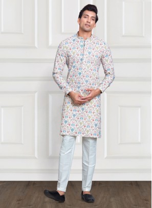 White Cotton Silk Printed Kurta Pajama Set
