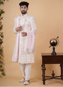 White Embroidered Groom Sherwani Set In Silk