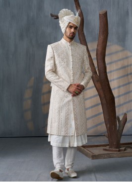 White Embroidered Groom Sherwani Set In Silk