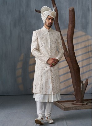 White Embroidered Groom Sherwani Set In Silk