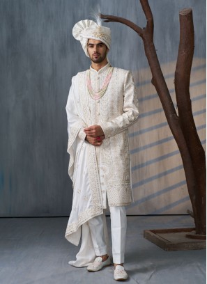 White Embroidered Sherwani For Wedding