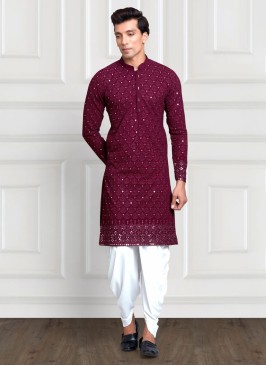 Wine Dhoti Style Kurta Pajama In Chiffon Silk